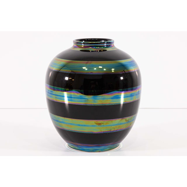 Contemporary Set of 4 Striped Iridescent Black Ceramic Vessels Contemporary Modern For Sale - Image 3 of 10