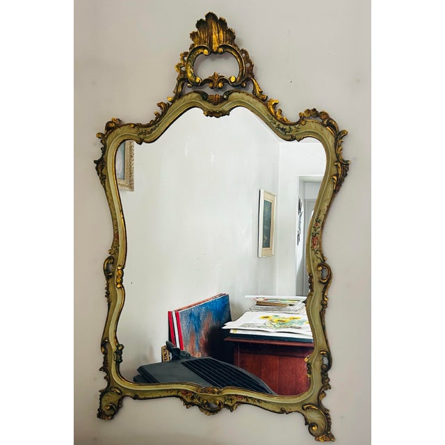 Antique Rococo Style Carved Wood Gilt & Floral Decorated Venitian Mirror For Sale - Image 4 of 12