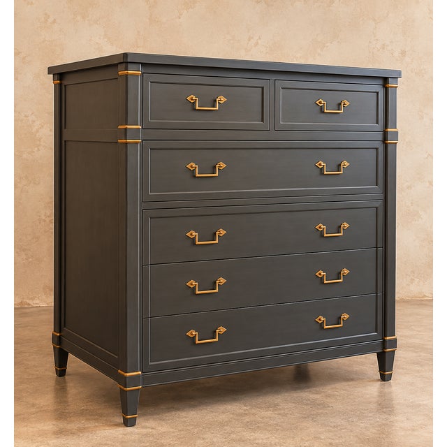 Charcoal Vintage “By Drexel” Solid Wood Highboy Dresser | Charcoal Blue & Gold For Sale - Image 8 of 8