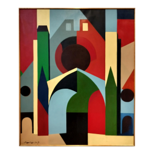 Colorful Mid Century Modern Color Block Cathedral Painting by Jacques Lamy