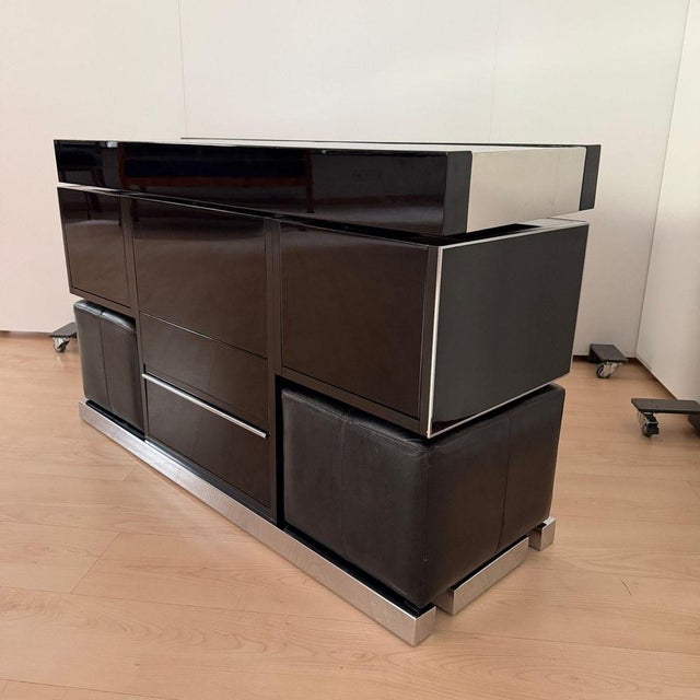 Convertible Bar and Stools in Black Lacquer, Chrome & Leather, Italy, 1970s, Set of 3 For Sale - Image 6 of 18