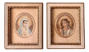 Religious Embroidered Portraits, 17th Century, Set of 2