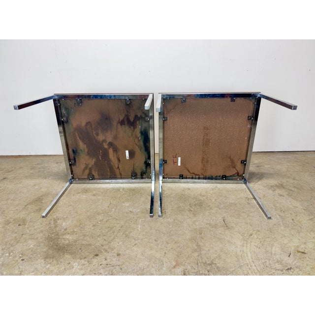 1970’s Florence Knoll “T Angle” Chrome & Walnut Laminate Side Tables Matching Pair For Sale - Image 9 of 12