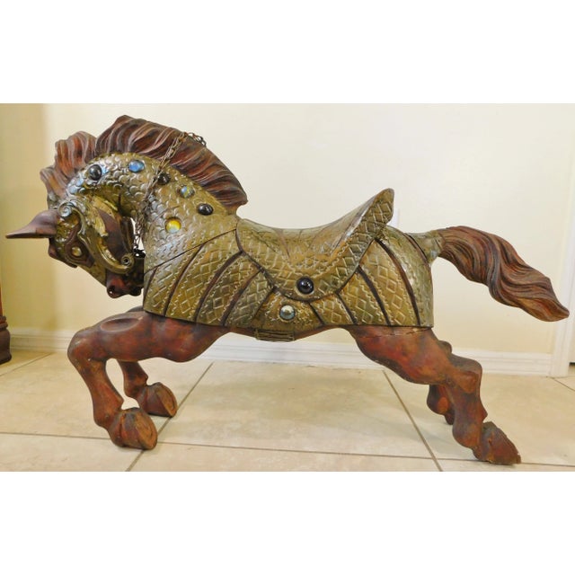 Large Mid Century Elaborate Hand Carved Solid Wood & Brass Jeweled Equestrian Horse Art Sculpture For Sale - Image 4 of 11
