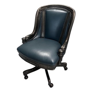 Late 20th Century Hancock and Moore Intricately Carved Blue Swivel Office Chair For Sale