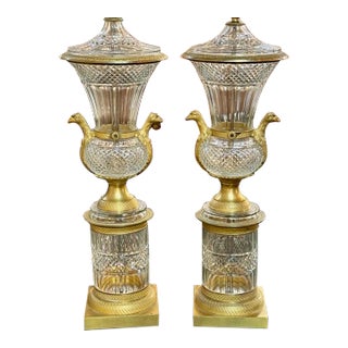 Pair of French Empire Gilt Bronze Crystal Urn Lamps For Sale