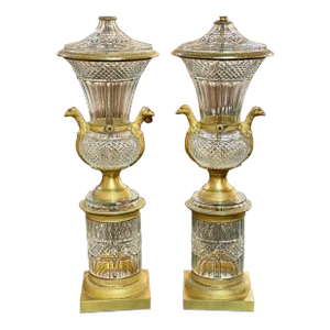 Pair of French Empire Gilt Bronze Crystal Urn Lamps