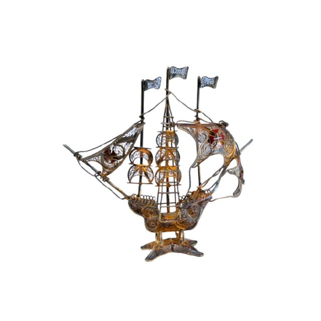 Silver Filigree Caravel with Enamelled Crosses on the Sails and Masts For Sale - Image 11 of 11