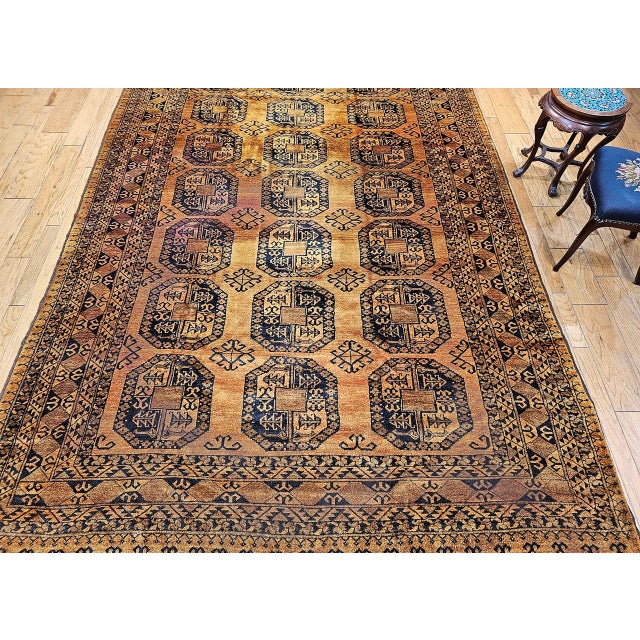 Textile Vintage Afghan Ersari Rug, Hand-Knotted Wool, Allover Geometric Design, Camelhair & Navy, 9’ X 13’ For Sale - Image 7 of 16