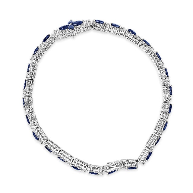 Haus of Brilliance Sterling Silver Dark Blue Sapphire and Topaz Marquise Floral Art Deco Link Bracelet For Sale - Image 4 of 4