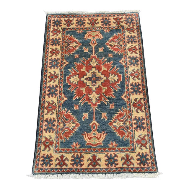 Kazak Rug 2’1” X 3’5” Blue Wool Tribal Hand-Knotted Oriental Carpet For Sale