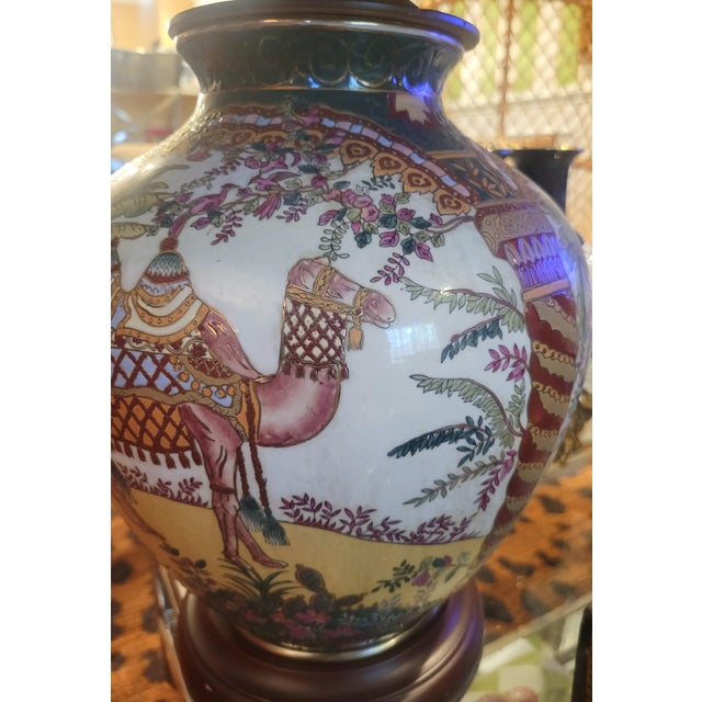 Chinoiserie Vintage Chinoiserie Colorful Ceramic Camel Ginger Jar Palm Beach Regency Leopard Shade Table Lamp For Sale - Image 3 of 11
