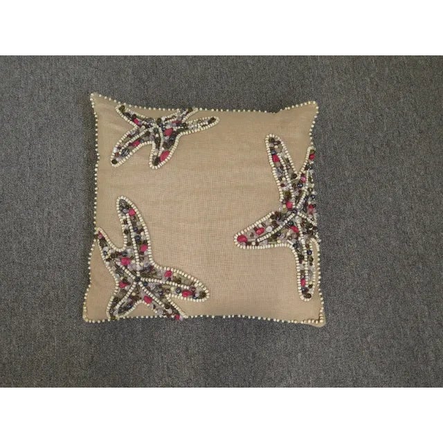 2010s Square Burlap Starfish Decorative Pillow With Beading For Sale - Image 5 of 5