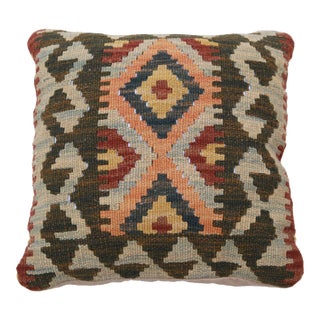 Arteverk Handwoven Afghan Kilim Pillow — Beige & Green Diamonds For Sale