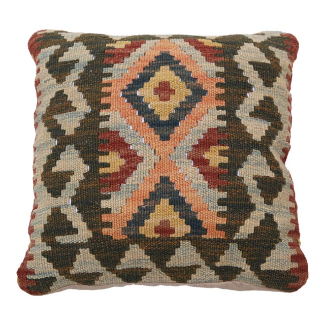 Arteverk Handwoven Afghan Kilim Pillow — Beige & Green Diamonds For Sale