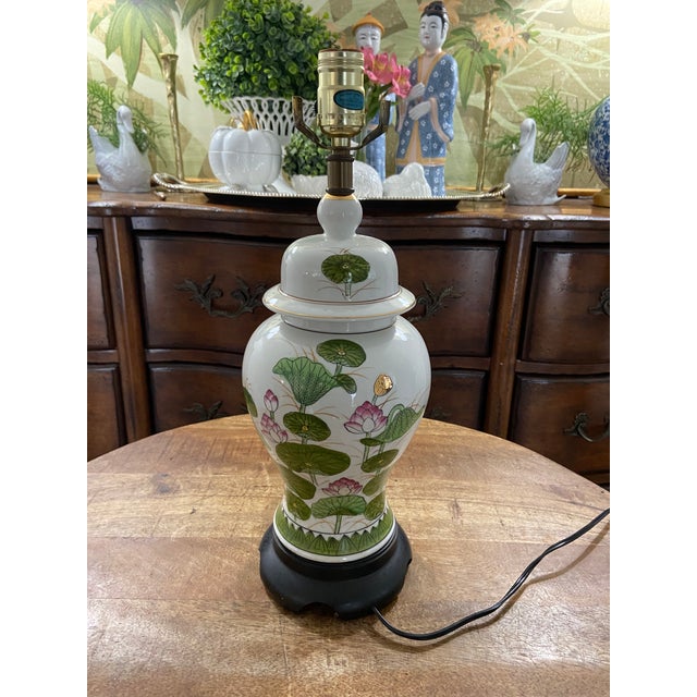 Vintage Mid to Late Twentieth Century Green and Pink Lotus Blossom Ginger Jar Lamp With Wood Fittings For Sale - Image 6 of 6