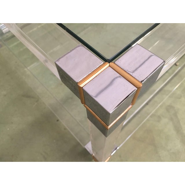 Brass Pair of Late 20th Century Square Lucite Coffee Tables with Chromed Metal Details For Sale - Image 8 of 18