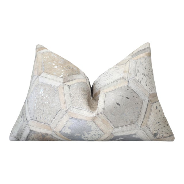 Luxury Ivory & Silver Cowhide Leather Throw Pillow 16x24 | Handmade Geometric Designer Lumbar Cushion For Sale
