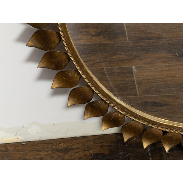 Metal Pair of Midcentury Spanish Gilt Metal Round Mirrors with Leaves and Twisted Rope For Sale - Image 7 of 10