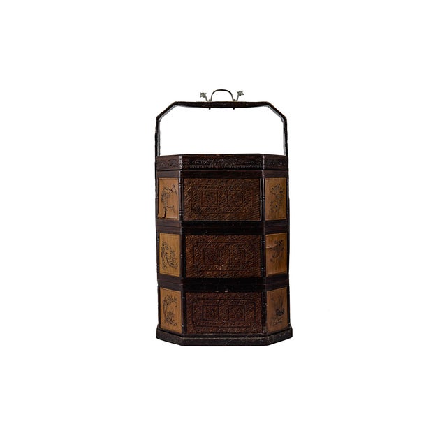 Antique 3 Three Tiered Chinese Wedding Basket made of bamboo rattan & wood. Beautiful intricate carvings, lacquered...