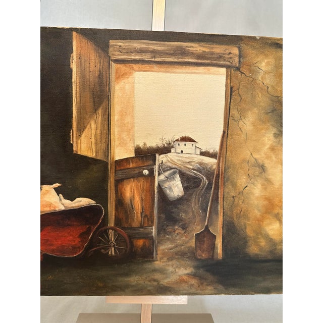 This classic rustic Early American farmhouse style still life oil painting on canvas depicts a scene of one peering out of...