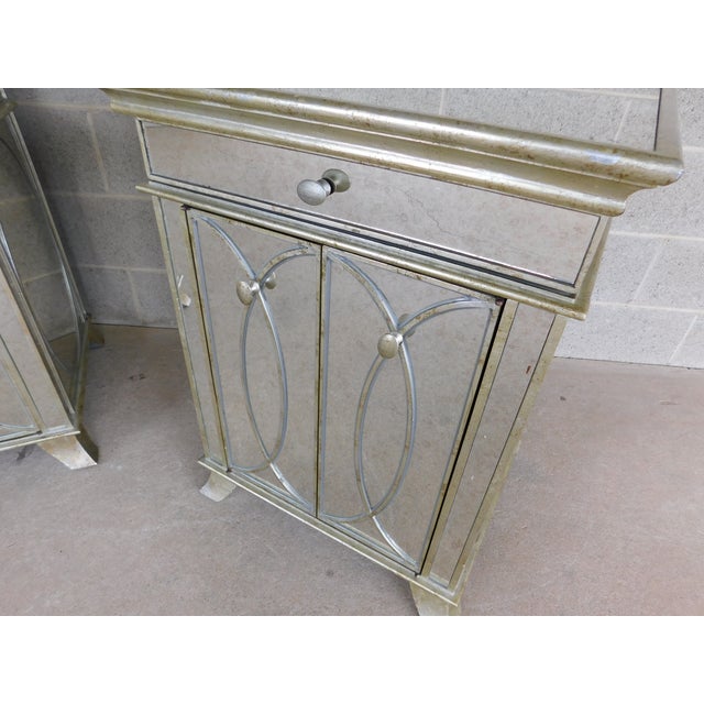 Wood Hollywood Regency Silver With Mirrored Paneling Nightstands - A Pair For Sale - Image 7 of 17