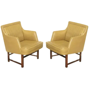 Edward Wormley "Bucket Seat" Leather and Mahogany Club Chairs - a Pair