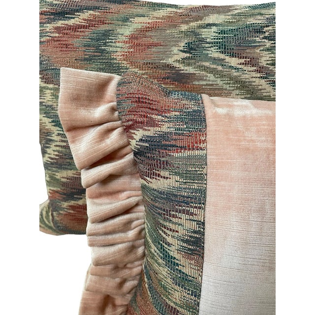 Textile Custom-Made Designer, Flame Stitch Tapestry and Cotton Velvet Down-Filled Pillows. Green, Blue, Pink. Set of Two. For Sale - Image 7 of 9