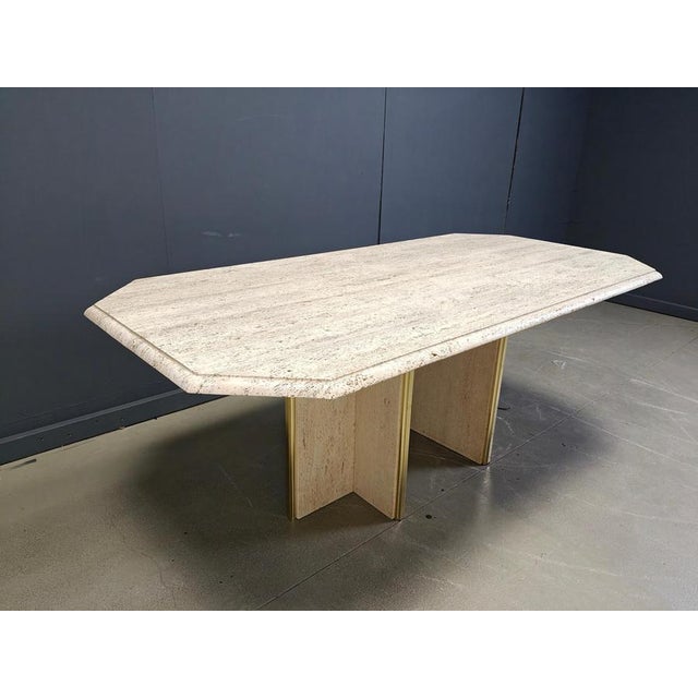 Metal Vintage Italian Travertine and Brass Dining Table, 1970s For Sale - Image 7 of 14