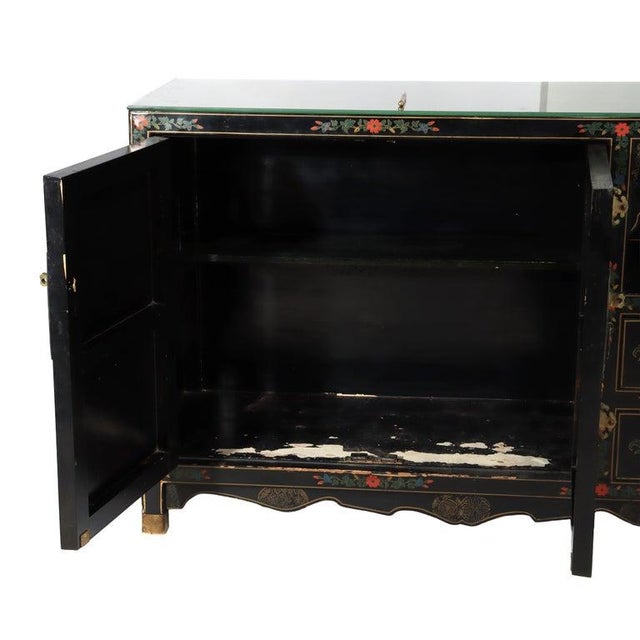 Chinese Ebonized & Gilt Credenza With Inlaid Figural & Floral Soap Stone 20thC For Sale - Image 9 of 16