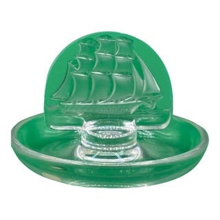 Vintage Signed Lalique France "Caravelle" Frosted Crystal Sailing Ship Ring Dish For Sale