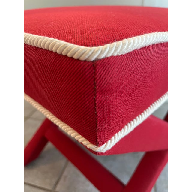 Textile 1980s Billy Baldwin Style Red X Bench Ottoman With White Rope Trim For Sale - Image 7 of 12