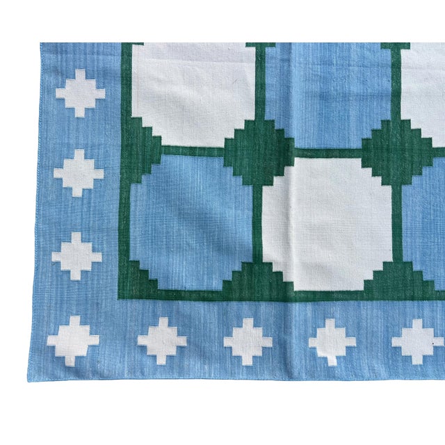 Handmade Cotton Area Rug, Vegetable Dyed Sky Blue, Cream and Green Swedish Tile Dhurrie-10'x14' For Sale - Image 11 of 13
