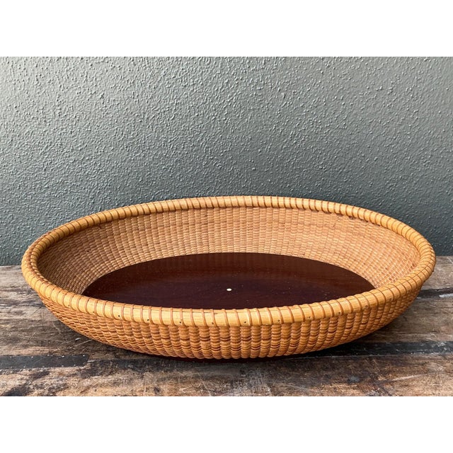 Coffee Vintage Rattan Woven Nantucket Basket With Wood Base For Sale - Image 8 of 12