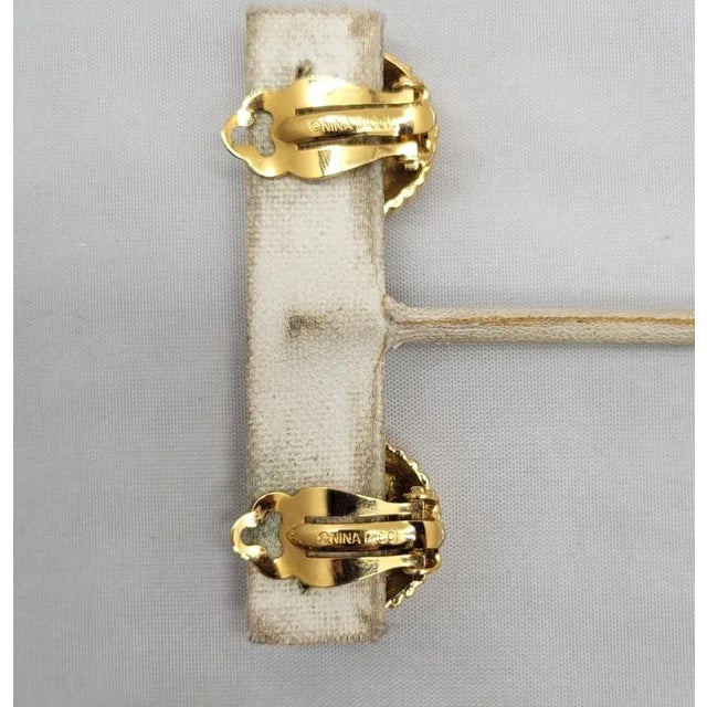 Metal Vintage 1980s Signed Nina Ricci Paris Round Goldtone Grey Rhinestone Clip Earrings - 2 Pieces For Sale - Image 7 of 8