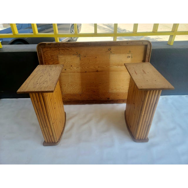 Vintage Rattan Patio Table With Curved Pedestal Bases, Attributed For Sale - Image 4 of 11