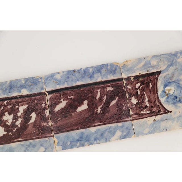 Ceramic 18th Century Antique Portuguese Strip of Four Blue and Brown Spongeware Tiles For Sale - Image 7 of 11