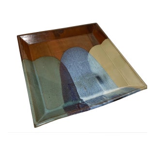 Large Vintage Handmade John Shedd Square Pottery Gazed Centerpiece Dish Platter For Sale
