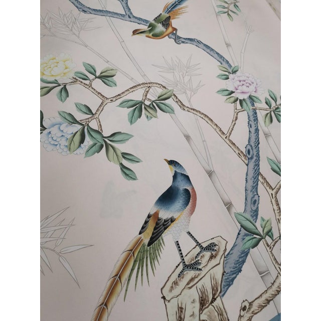 Handpainted Silk Wallpaper, Chinoiserie Birds and Bamboo, Chinoiserie Handmade Wallpaper Mural - Set of 4 For Sale - Image 6 of 12