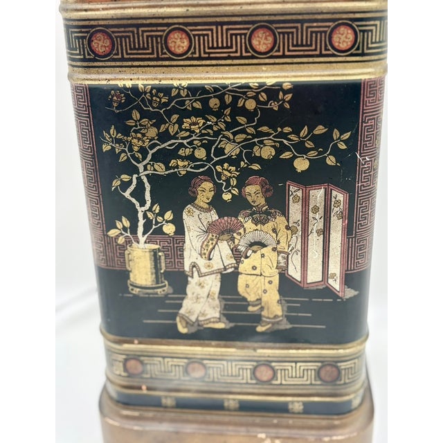 Table lamp made from an antique black lacquered tin tea canister with chinoiserie decoration, English, late 19th/early...