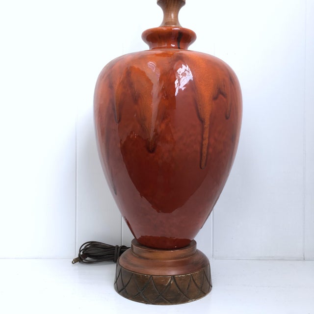 1960s Mid-Century Modern 1960’s Drip Glaze Ceramic Table Lamp With Textured Shade – Retro Rust & Brown For Sale - Image 5 of 11