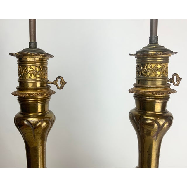 1950s Pair of Hollywood Regency Brass Lamps For Sale - Image 4 of 15