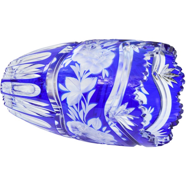 Vintage Blue Crystal-Cut Vase With Floral-Patterned Itching For Sale - Image 4 of 7