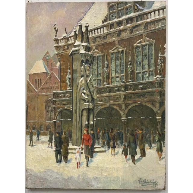 1946 Vintage European City Scene Oil on Canvas For Sale - Image 13 of 13