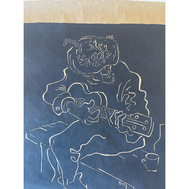 "Luta" Limited Edition Linocut Print by Belsky, Numbered 62/100, Hand Signed With Fingerprint, Modern Figurative Guitarist Portraitur. For Sale - Image 9 of 10