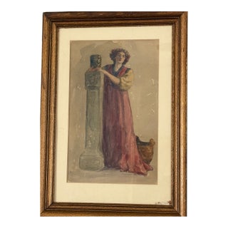 Antique Watercolor Classical Woman Art Nouveau Style Signed Framed Under Glass Original Art 21”t X 14.75”w For Sale