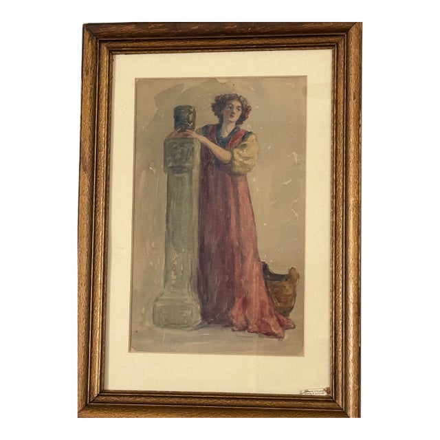 Antique Watercolor Classical Woman Art Nouveau Style Signed Framed Under Glass Original Art 21”t X 14.75”w For Sale