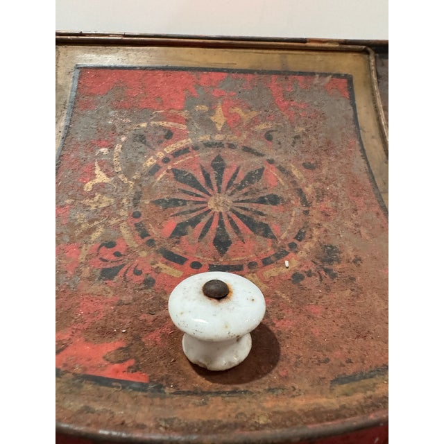 Red Antique Maracaibo Tea Caddy Hand-Painted Tin Toleware Scenic Front For Sale - Image 8 of 11