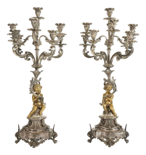 8-Layer Table Candelabras in Silvered and Gilded Bronze, Set of 2