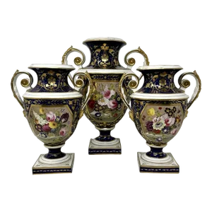 Antique Garniture English Royal Crown Derby Porcelain Vases by Thomas Steel 19th Century- Set of 3